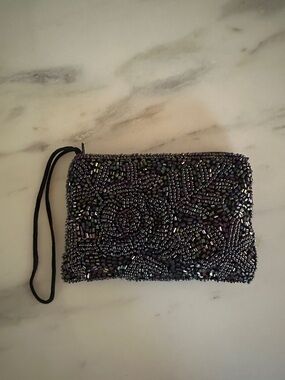 Beaded Evening Wristlet Clutch - Iridescent Black